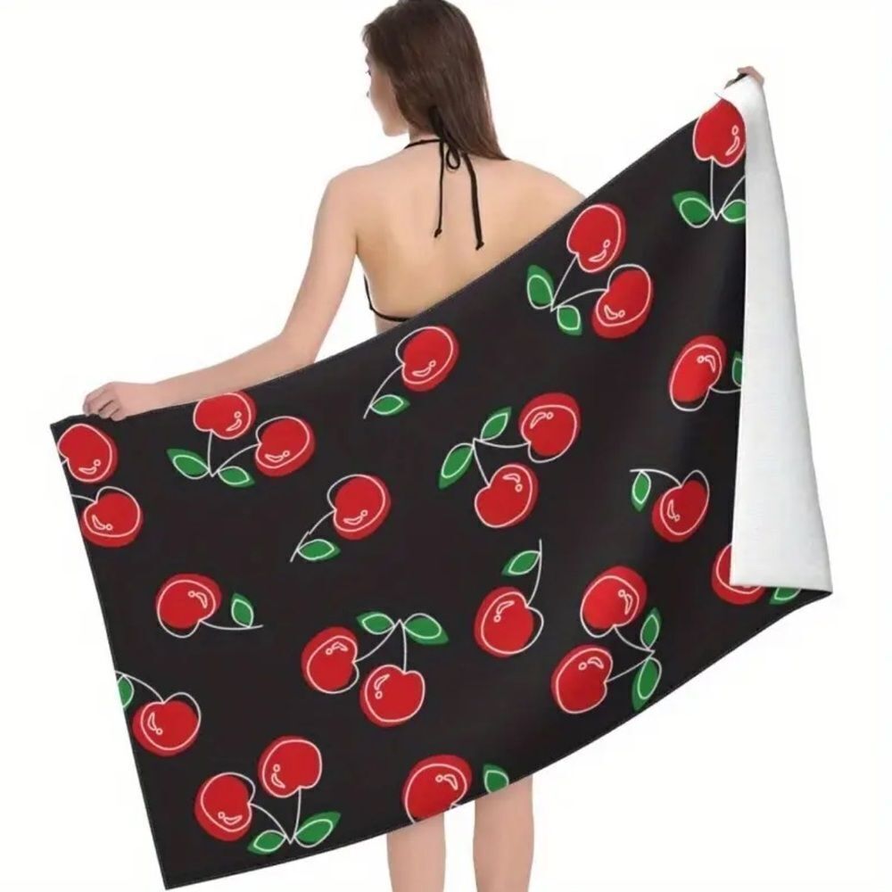 Black microfiber Towel with Red Cherry Print